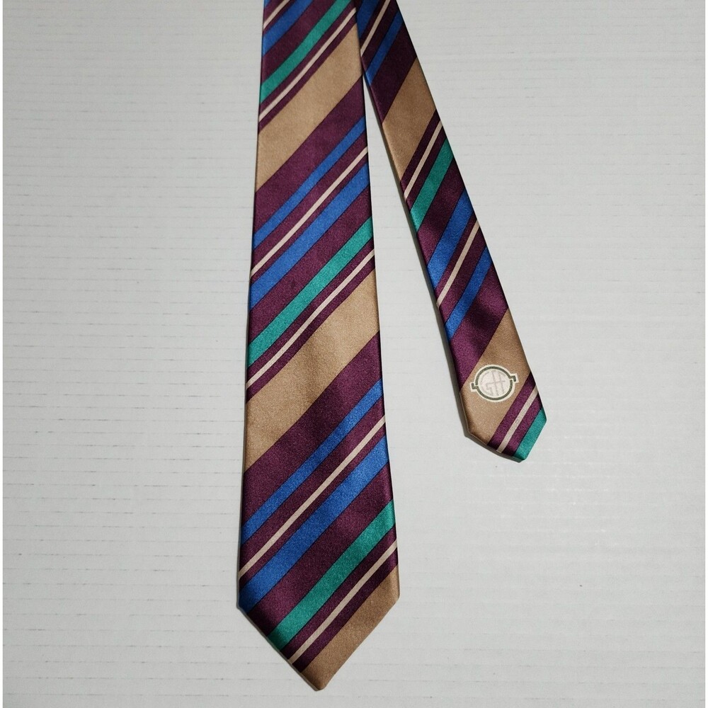 Gianfranco Ferre Italy Mens Silk Tie Beige Red Blue Green Striped Logo 3x55 Neck